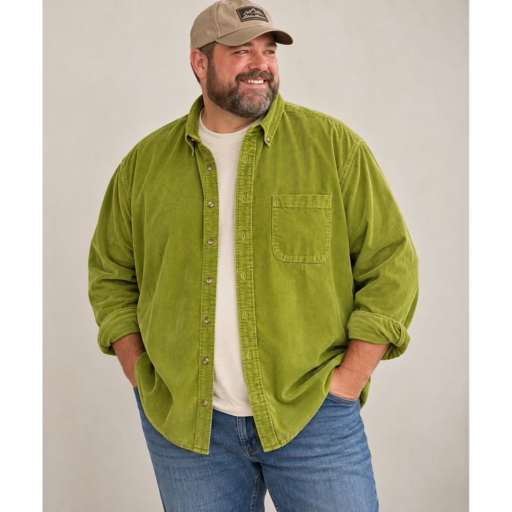 Eddie Bauer Mens XXXL Lime Green Corduroy Long Sleeve Button Down Shirt   Cotton